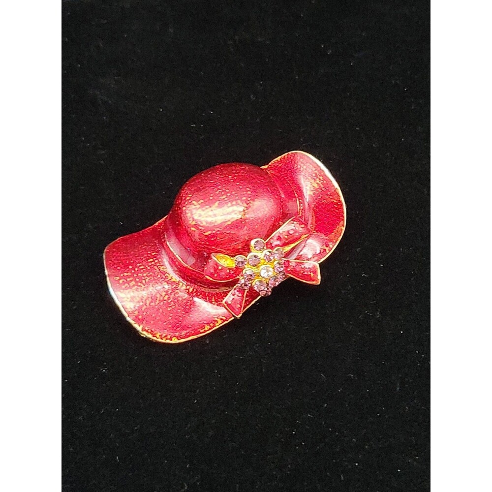 Red Hat Society Brooch Pin Enamel Hat With Red and Purple Rhinestones
